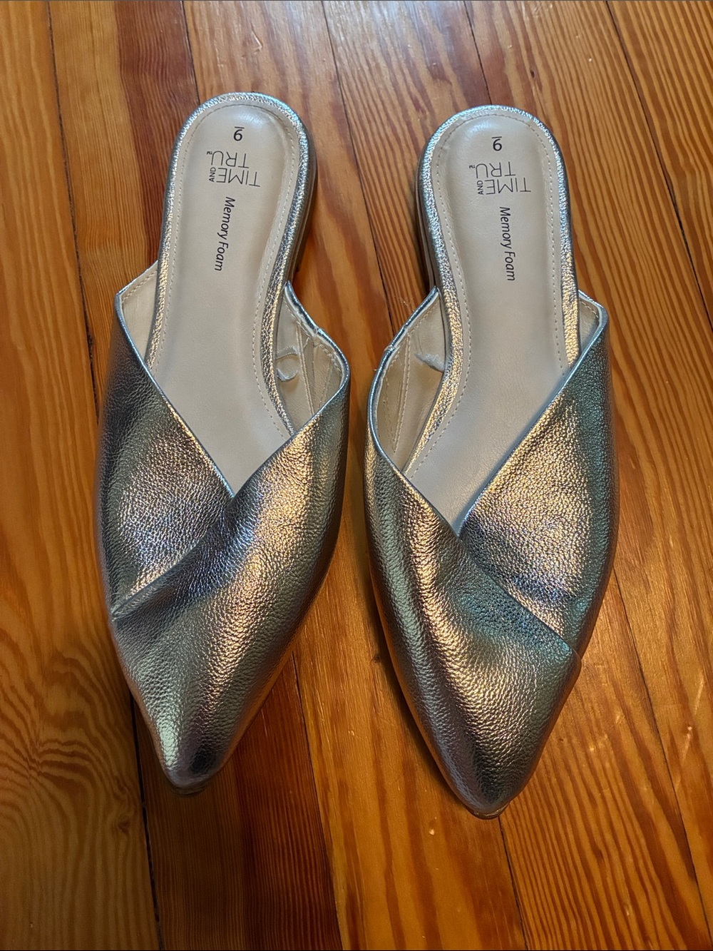 Time and Tru Metallic Silver Pointed Toe Mule Slides